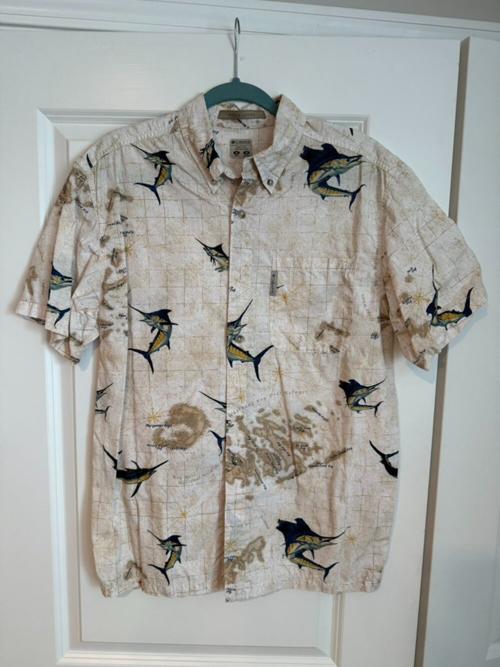 Columbia River Lodge Marlin Fishing Shirt Florida Keys Map Men's Medium